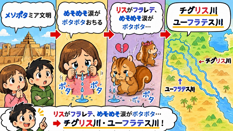 メソポタミア文明チグリス川ユーフラテス川の語呂合わせ